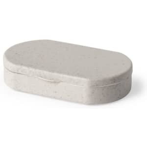 A storage box in a neutral grey colour with a smooth, rounded design. It features a subtle texture and has a lid.