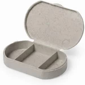 A grey, oval-shaped container with a hinged lid, featuring two compartments inside.