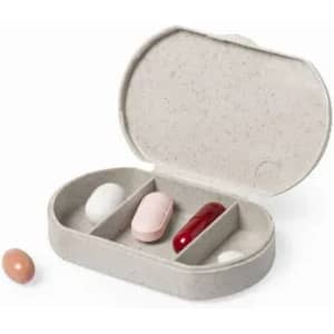 A pill organiser with a grey container, featuring compartments for three capsules and two whole pills.