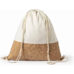A drawstring bag featuring a cream top and a cork bottom, with natural rope handles. Includes a logo.