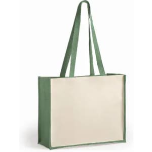 A tote bag featuring a green frame and cream-coloured body, with long green handles and no visible branding.