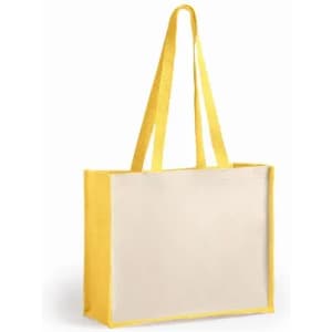 A yellow tote bag with long handles and a plain beige front panel. The bag has no visible logos or branding.