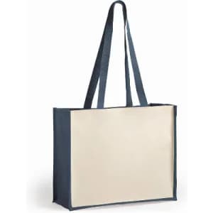 A tote bag featuring a cream body with navy blue handles and trim. The bag has a simple design and a logo.