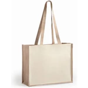 A tote bag in natural beige with long handles, featuring a plain, unembellished design and a sturdy structure.