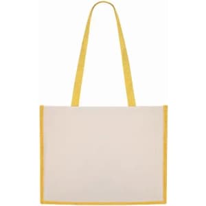 A tote bag featuring a transparent body and yellow straps, with a simple, sleek design.