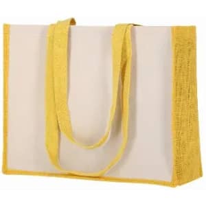 A tote bag featuring a cream body with yellow accents and sturdy yellow handles. It has a simple branded logo.