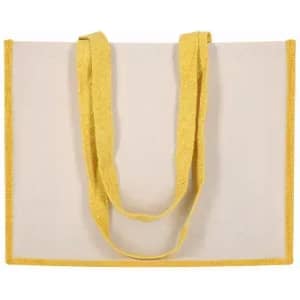 A tote bag in cream with yellow stitching and straps. The bag features a simple, minimalist design.