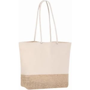 A tote bag featuring a cream upper section and a textured tan base, with long handles for carrying.