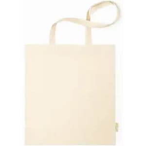 A beige tote bag with two handles, featuring a simple design and a logo tag.