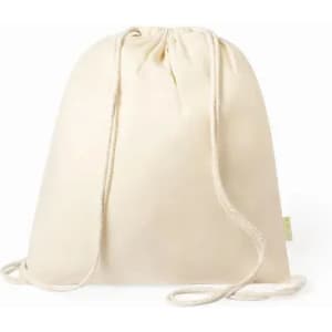A drawstring bag in a natural cream colour with matching ropes, featuring a simple design and lightweight fabric.