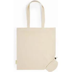 A tote bag in a neutral beige colour, featuring two handles and a smaller pouch attached for storage.
