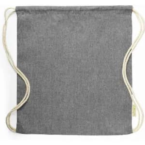 A drawstring bag in grey fabric with beige cords. The bag has a simple, minimalist design.