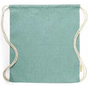 A drawstring bag in a muted teal colour with light-coloured cords, featuring a logo on the side.