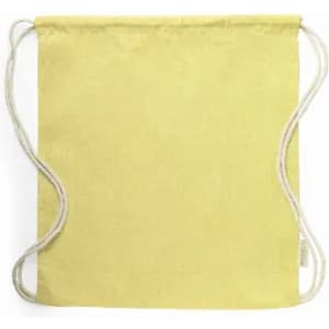 A drawstring bag in a soft yellow colour with white cord straps and a simple design. Features a logo on the side.