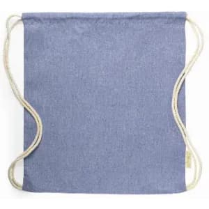 A drawstring bag in a blue fabric with cream-coloured cords on the sides. Features a small branding tag.