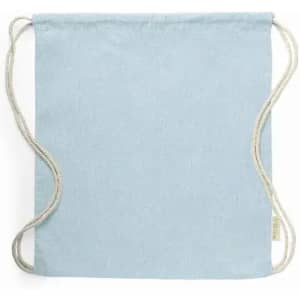 A drawstring bag in soft blue with white cord straps and a small logo.