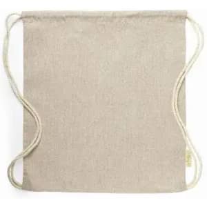 A drawstring bag in a light beige colour with contrasting drawstrings and a subtle texture.