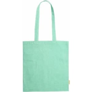 A mint green tote bag with two handles and a small branding label at the side.