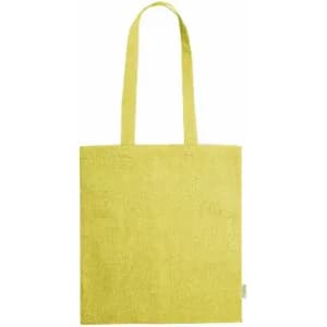 A yellow tote bag with two handles and a plain canvas design, featuring a small logo tag.