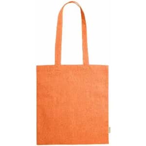An orange tote bag with two handles and a simple design, featuring a branding label on one side.