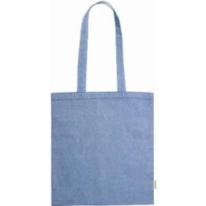 A denim tote bag with two handles, featuring a solid blue design and no visible text or logos.