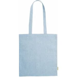 A light blue tote bag with two long handles, featuring a label on one side.