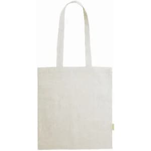 A tote bag in natural beige colour with long handles and a plain design. It features a small branding label.
