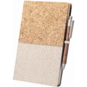 A cork and grey notebook with a matching pen attached to the side. It features a textured cover.