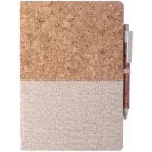 A notebook with a cork cover and a fabric lower half, accompanied by a pen. The design features neutral tones.