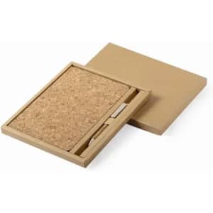 A notebook set with a cork cover and a matching pen, presented in a brown cardboard box.
