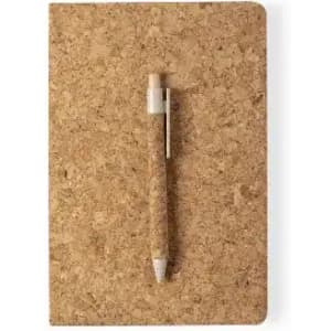 A cork notebook with a cork pen attached, featuring a natural beige colour. It has a simple, eco-friendly design.
