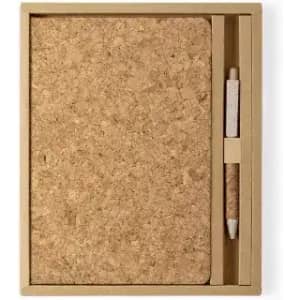 A cork notebook and pen set displayed in a box, featuring natural earthy tones and a minimalistic design.