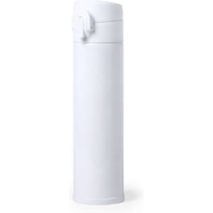 A drink bottle in a sleek white design with a secure lid and a branded logo.