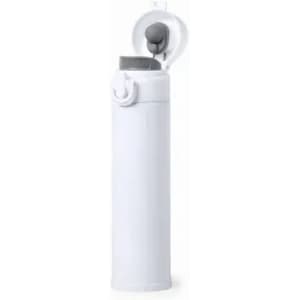 A drink bottle in white with a flip-top lid and a grey cap. It features a logo on the body.
