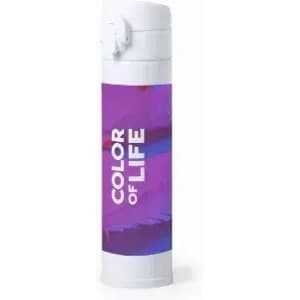 A drink bottle in white, featuring a vibrant purple and pink design with a logo on its surface.