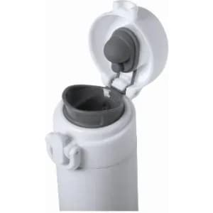 A drink bottle in white with a grey cap and a flip-top opening, featuring a logo on the side.