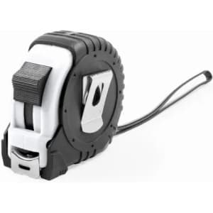 A measuring tape with a black and white casing, featuring a metal clip and sturdy design.