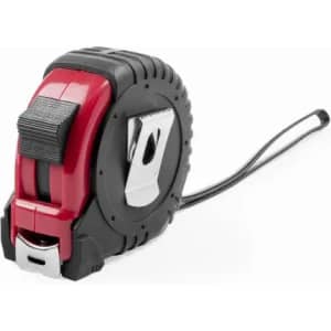 A tape measure in red and black with a retractable design and a metal clip for easy handling.