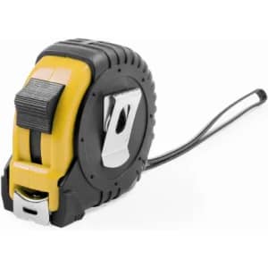 A measuring tape in black and yellow with a metal clip and branding logo.