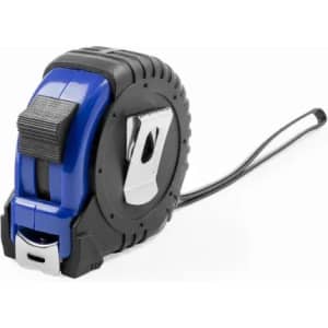 A tape measure in blue and black, featuring a sturdy casing and a locking mechanism. It has a logo on the side.