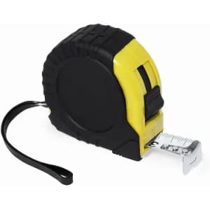 A tape measure in black and yellow, featuring a sturdy casing and a retractable measuring tape.