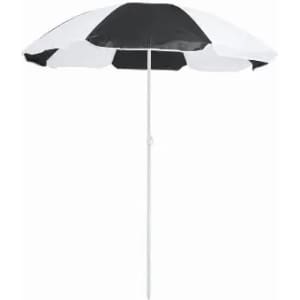 A beach umbrella featuring a black and white striped canopy with a white pole.