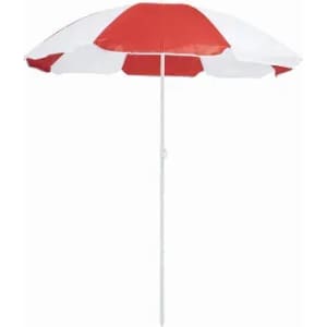 A beach umbrella featuring alternating red and white panels with a white pole. It has a classic striped design.