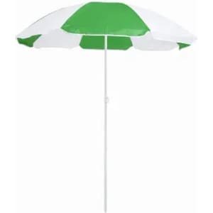 A beach umbrella with alternating green and white panels and a white pole.