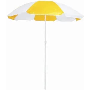A beach umbrella featuring a yellow and white canopy with a sturdy central pole.