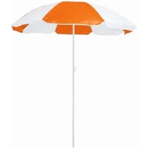 A beach umbrella with orange and white stripes, supported by a white pole, offering shade.