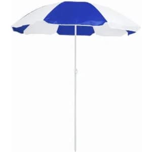 A beach umbrella with blue and white panels, featuring a central pole for stability.