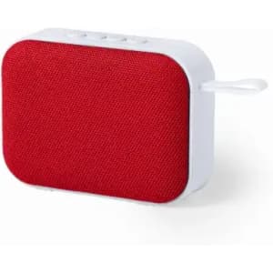 A portable speaker in red fabric with a white casing, featuring control buttons on the top and a handle.