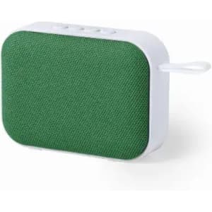 A portable speaker in white, featuring a textured green fabric front. It has control buttons and a loop for easy carrying.
