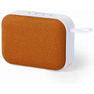 A portable speaker with an orange fabric cover and a white frame, featuring control buttons on the top.